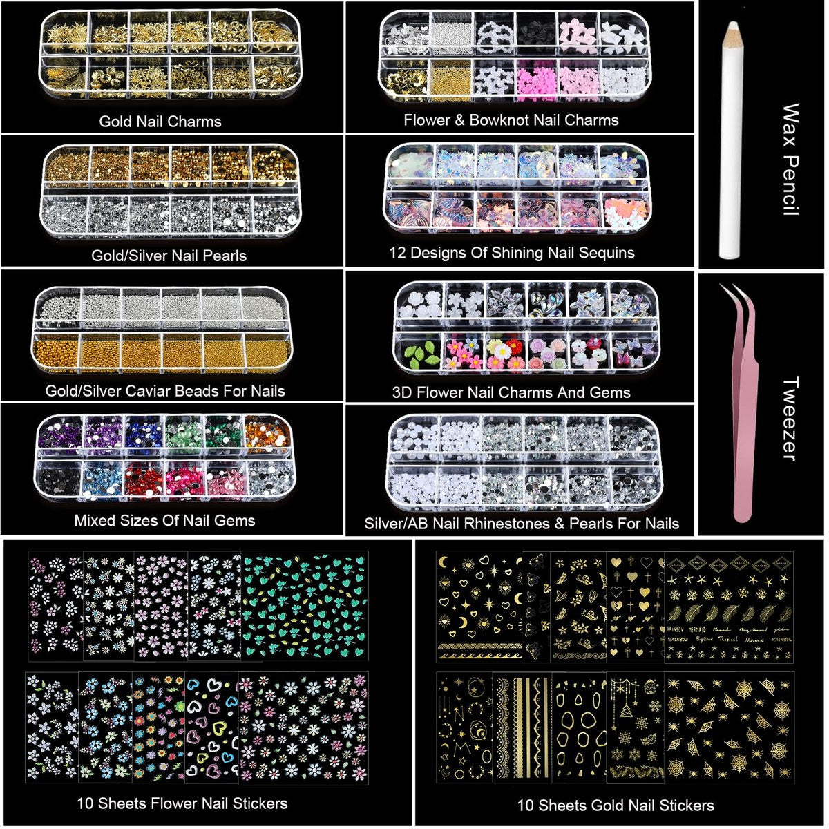 Teenitor Nail Charms and Nail Stickers Kit: 8 Boxes of Rhinestones, Gems, Pearls & 20 Sheets of Nail Art Stickers for 3D Nail Designs - görsel 13