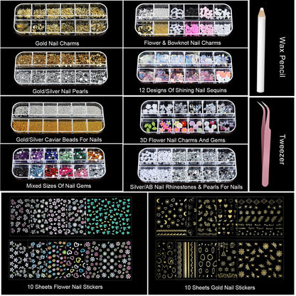 Teenitor Nail Charms and Nail Stickers Kit: 8 Boxes of Rhinestones, Gems, Pearls & 20 Sheets of Nail Art Stickers for 3D Nail Designs