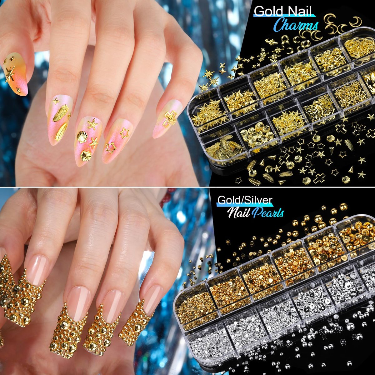 Teenitor Nail Charms and Nail Stickers Kit: 8 Boxes of Rhinestones, Gems, Pearls & 20 Sheets of Nail Art Stickers for 3D Nail Designs - görsel 3