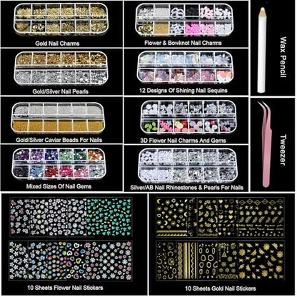 Teenitor Nail Charms and Nail Stickers Kit: 8 Boxes of Rhinestones, Gems, Pearls & 20 Sheets of Nail Art Stickers for 3D Nail Designs