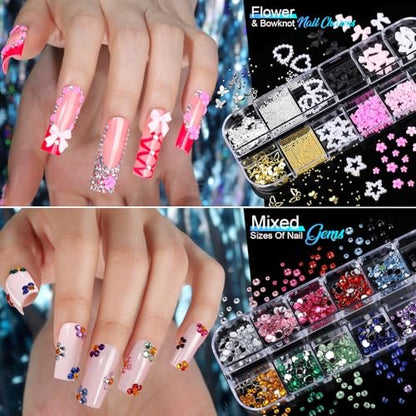 Teenitor Nail Charms and Nail Stickers Kit: 8 Boxes of Rhinestones, Gems, Pearls & 20 Sheets of Nail Art Stickers for 3D Nail Designs