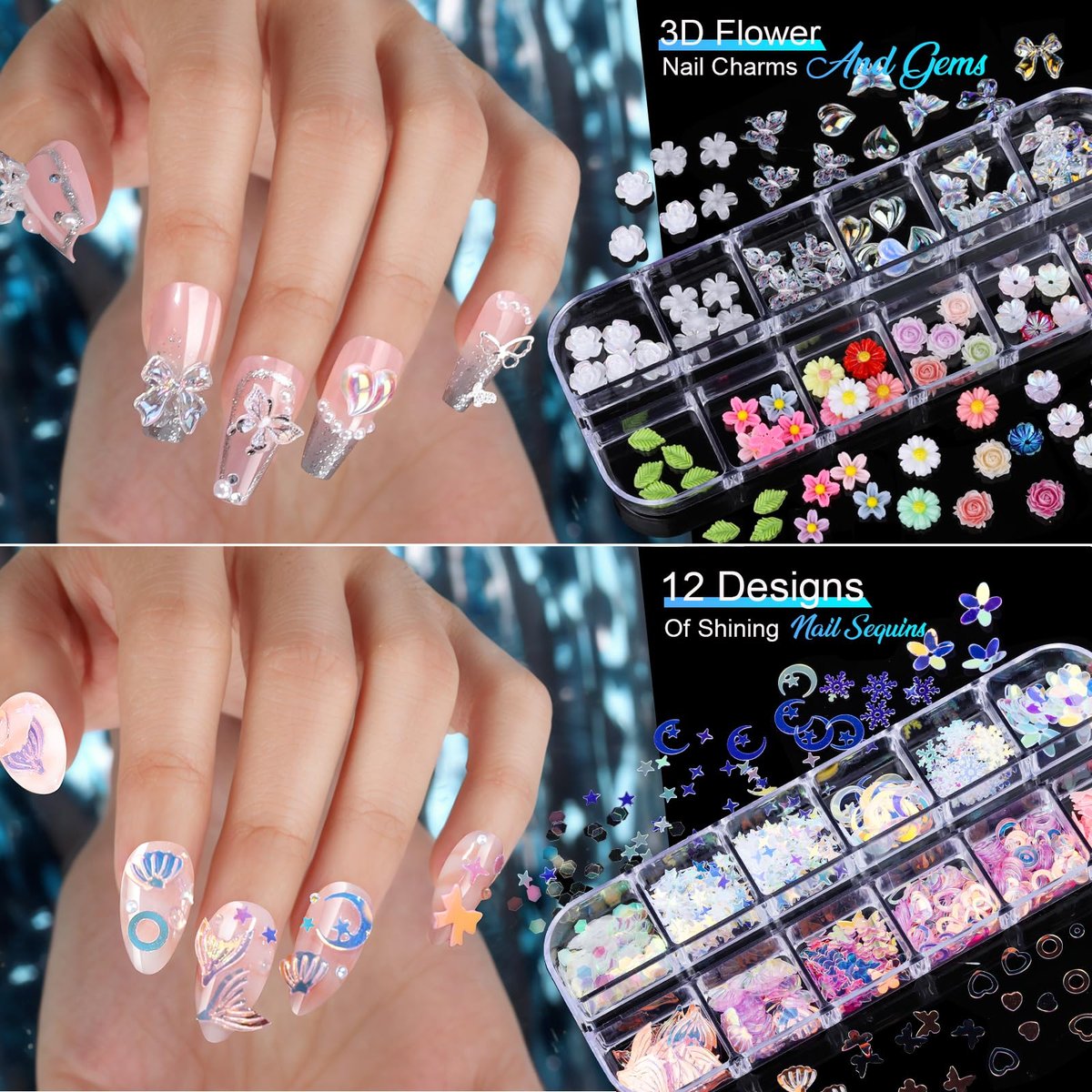 Teenitor Nail Charms and Nail Stickers Kit: 8 Boxes of Rhinestones, Gems, Pearls & 20 Sheets of Nail Art Stickers for 3D Nail Designs - görsel 9