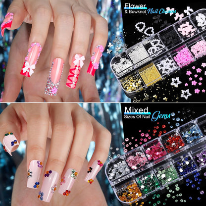 Teenitor Nail Charms and Nail Stickers Kit: 8 Boxes of Rhinestones, Gems, Pearls & 20 Sheets of Nail Art Stickers for 3D Nail Designs