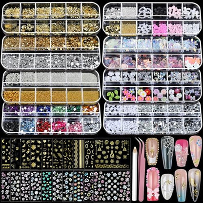 Teenitor Nail Charms and Nail Stickers Kit: 8 Boxes of Rhinestones, Gems, Pearls & 20 Sheets of Nail Art Stickers for 3D Nail Designs