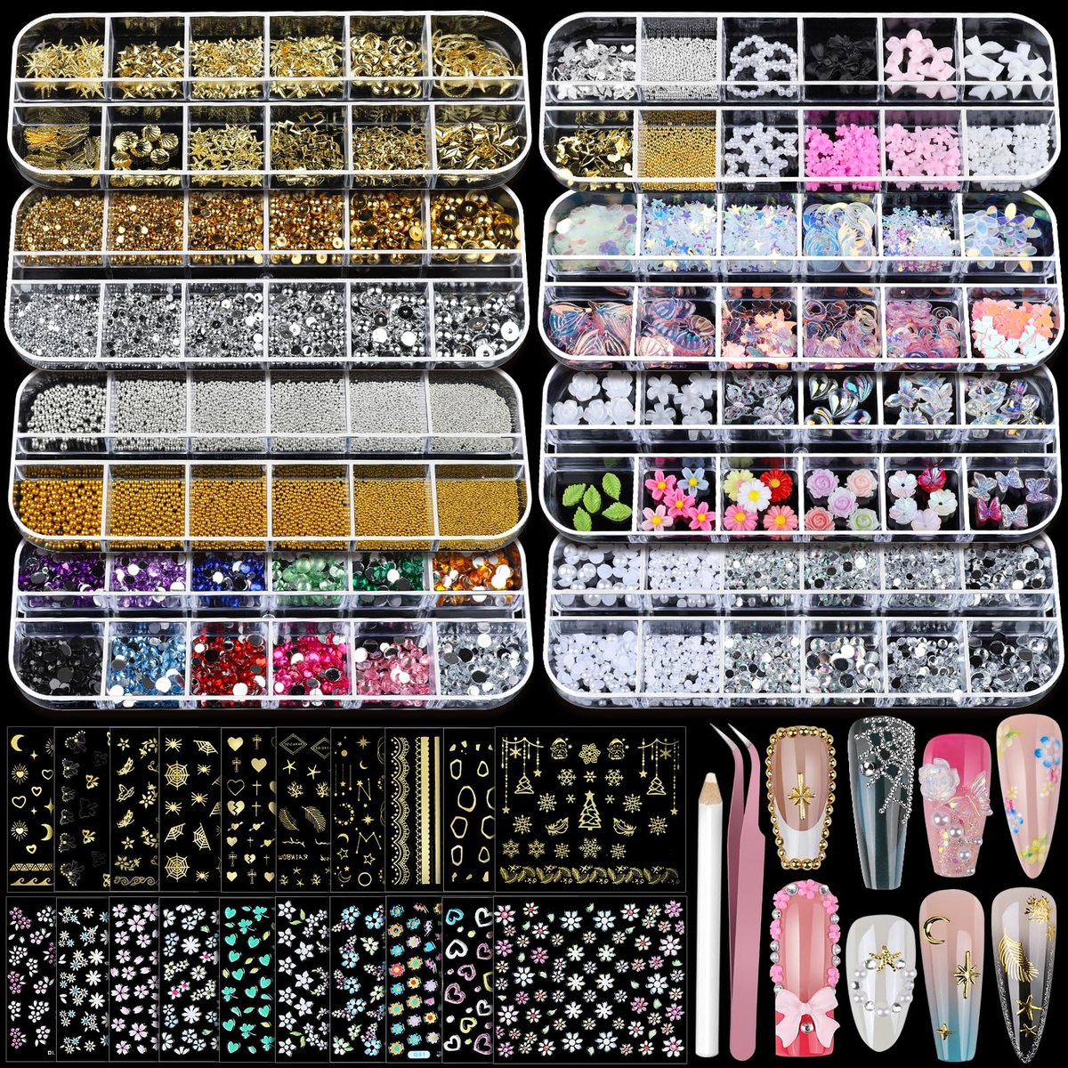 Teenitor Nail Charms and Nail Stickers Kit: 8 Boxes of Rhinestones, Gems, Pearls & 20 Sheets of Nail Art Stickers for 3D Nail Designs - görsel 1