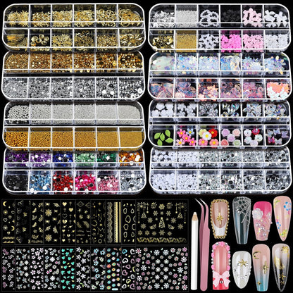 Teenitor Nail Charms and Nail Stickers Kit: 8 Boxes of Rhinestones, Gems, Pearls & 20 Sheets of Nail Art Stickers for 3D Nail Designs