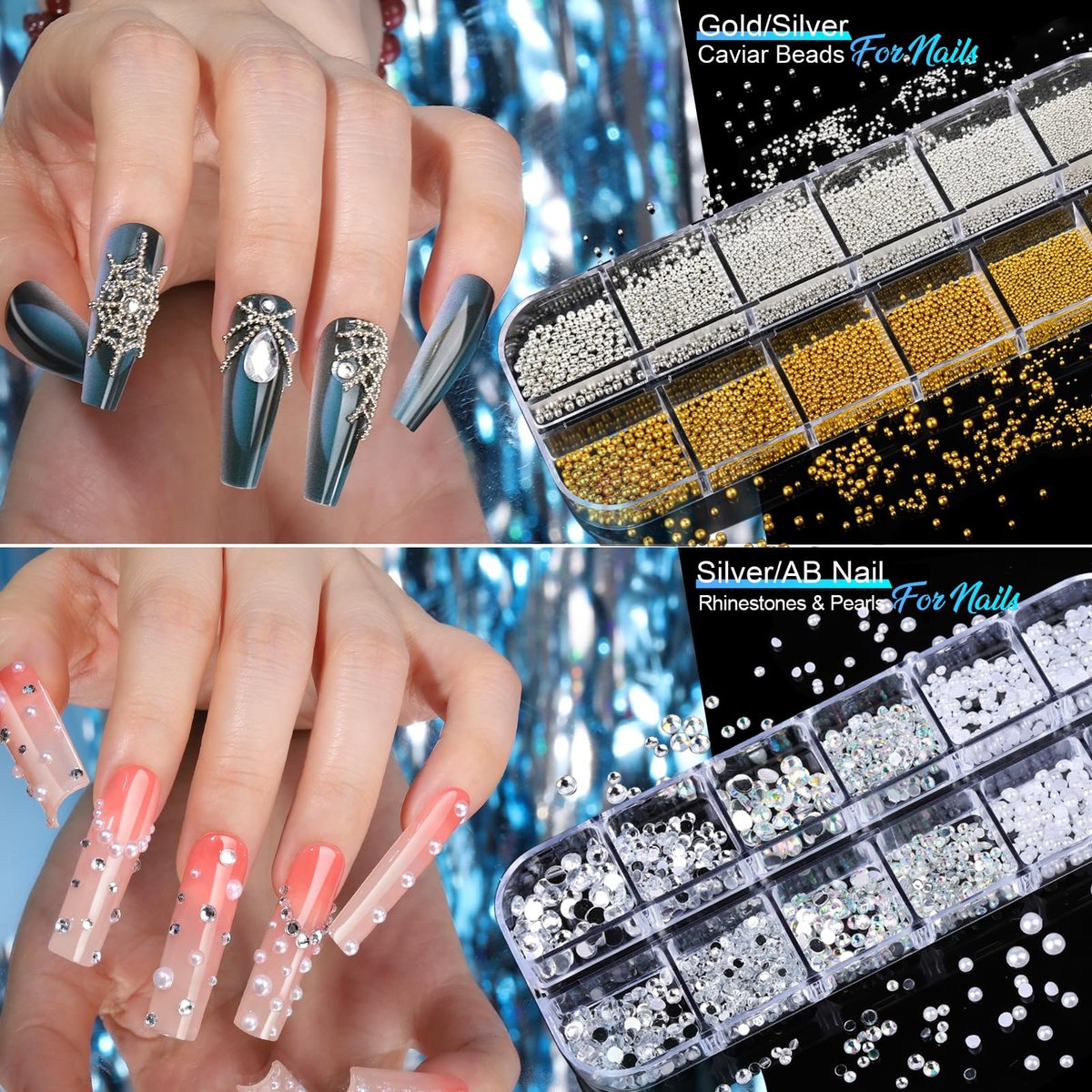 Teenitor Nail Charms and Nail Stickers Kit: 8 Boxes of Rhinestones, Gems, Pearls & 20 Sheets of Nail Art Stickers for 3D Nail Designs - görsel 7