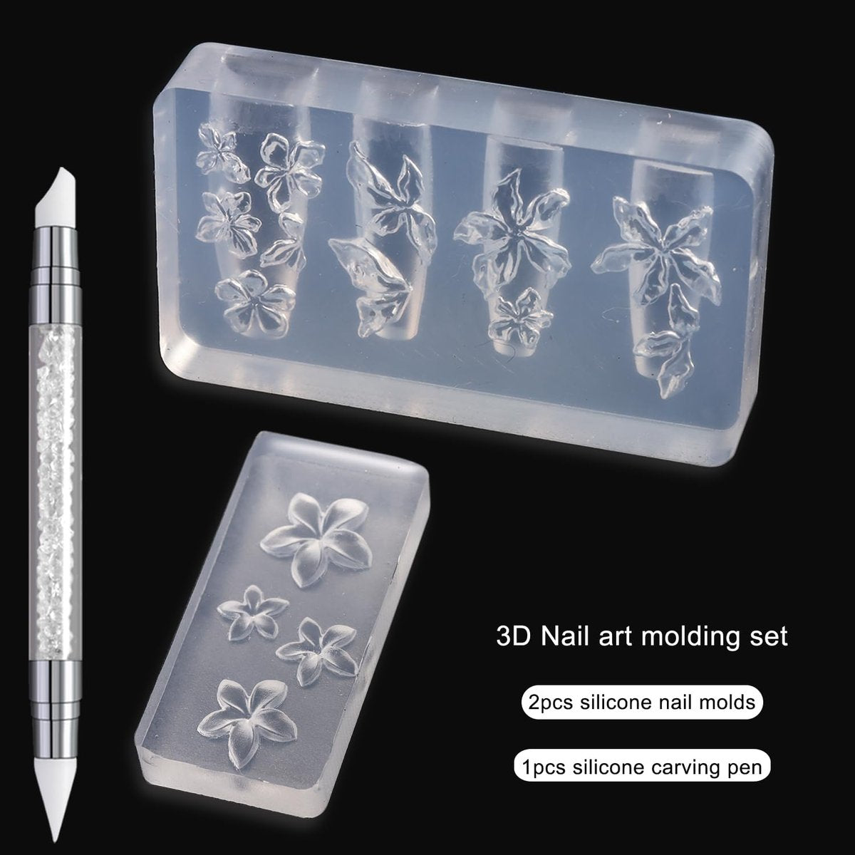 FSpronail Silicone Nail Molds - 2 Pack Reusable Clear 3D Flower Nail Art Templates with Carving Pen for Cherry Blossom, Plumeria, Hibiscus Design - görsel 3