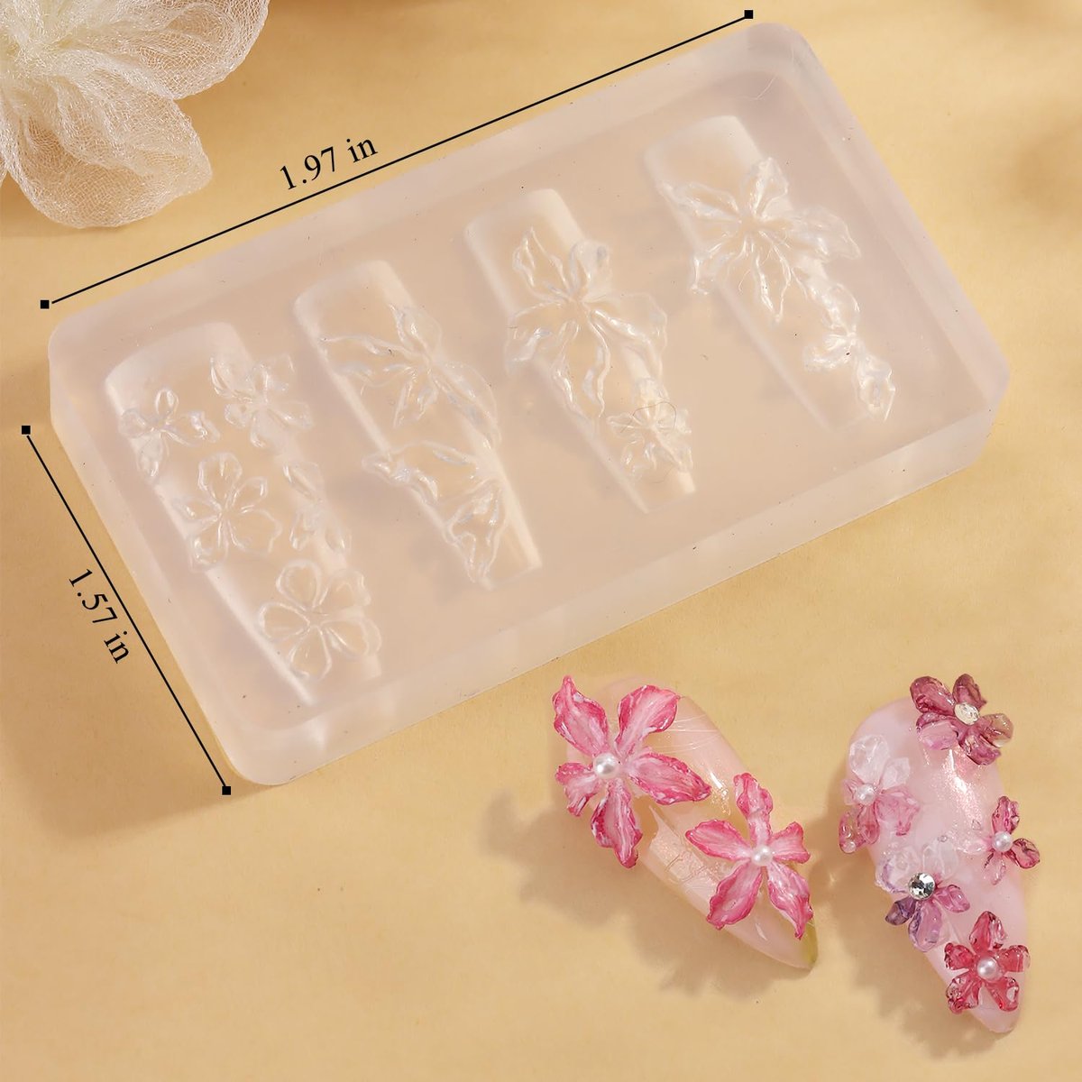FSpronail Silicone Nail Molds - 2 Pack Reusable Clear 3D Flower Nail Art Templates with Carving Pen for Cherry Blossom, Plumeria, Hibiscus Design - görsel 5
