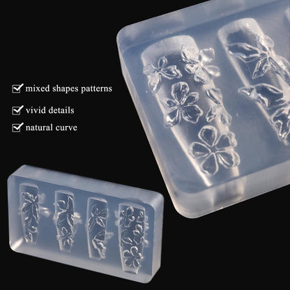 FSpronail Silicone Nail Molds - 2 Pack Reusable Clear 3D Flower Nail Art Templates with Carving Pen for Cherry Blossom, Plumeria, Hibiscus Design