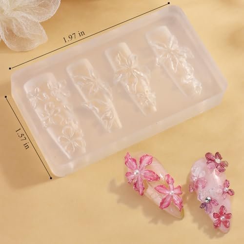 FSpronail Silicone Nail Molds - 2 Pack Reusable Clear 3D Flower Nail Art Templates with Carving Pen for Cherry Blossom, Plumeria, Hibiscus Design - görsel 6