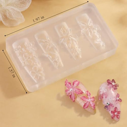 FSpronail Silicone Nail Molds - 2 Pack Reusable Clear 3D Flower Nail Art Templates with Carving Pen for Cherry Blossom, Plumeria, Hibiscus Design