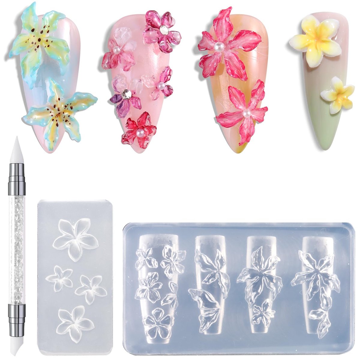 FSpronail Silicone Nail Molds - 2 Pack Reusable Clear 3D Flower Nail Art Templates with Carving Pen for Cherry Blossom, Plumeria, Hibiscus Design - görsel 1