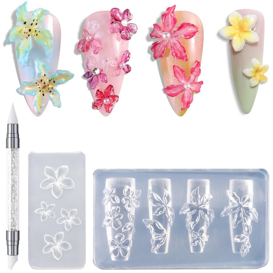 FSpronail Silicone Nail Molds - 2 Pack Reusable Clear 3D Flower Nail Art Templates with Carving Pen for Cherry Blossom, Plumeria, Hibiscus Design