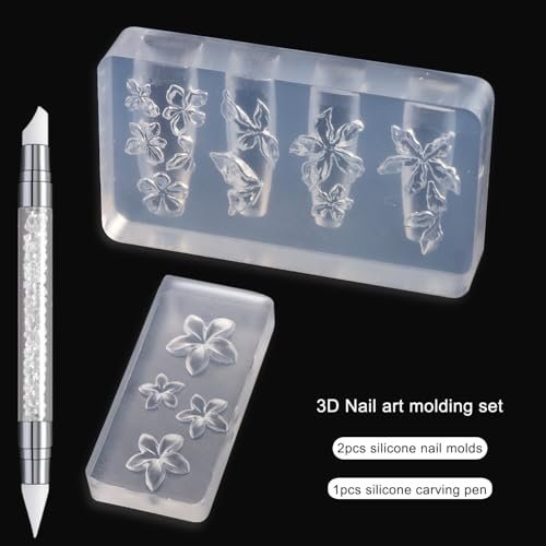 FSpronail Silicone Nail Molds - 2 Pack Reusable Clear 3D Flower Nail Art Templates with Carving Pen for Cherry Blossom, Plumeria, Hibiscus Design - görsel 4