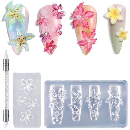 FSpronail Silicone Nail Molds - 2 Pack Reusable Clear 3D Flower Nail Art Templates with Carving Pen for Cherry Blossom, Plumeria, Hibiscus Design