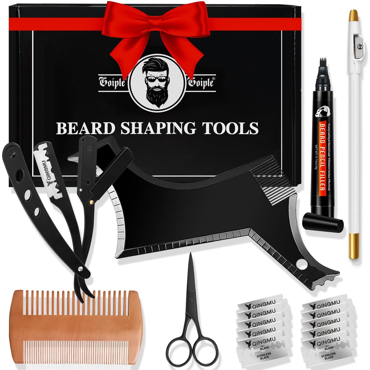 Beard Shaper for Men - Complete Beard Shaping Tool Kit with Template Guide, Straight Edge Razor, Double Edge Blades, Barber Pencil, Comb & Scissors Avelisse