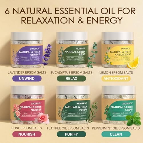 MOSRROU Epsom Bath Salts Gift Set - 6 Relaxing Scents for Women: Lavender, Eucalyptus, Rose, Lemon, Tea Tree, Peppermint - Perfect Bath Gift for Mom on Birthday, Mother's Day, Christmas Avelisse