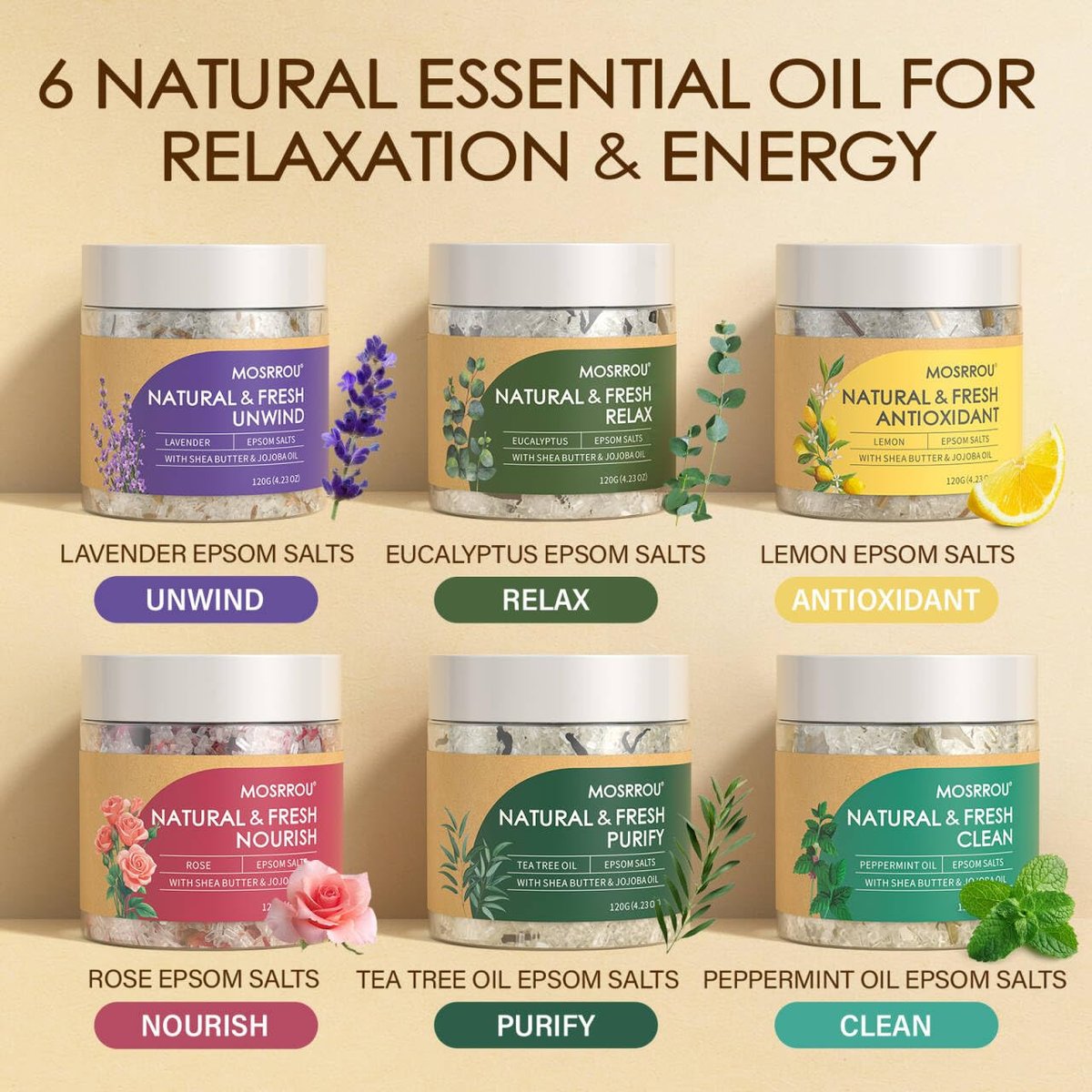 MOSRROU Epsom Bath Salts Gift Set - 6 Relaxing Scents for Women: Lavender, Eucalyptus, Rose, Lemon, Tea Tree, Peppermint - Perfect Bath Gift for Mom on Birthday, Mother's Day, Christmas Avelisse