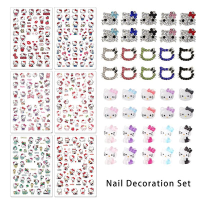 Kawaii Cat Nail Stickers & Cartoon Red Pink Cat Nail Charms Set - 6 Sheets Decals + 40Pcs 3D Charms for DIY Nail Art Avelisse