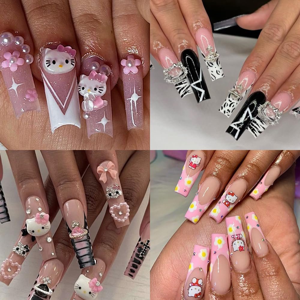 Kawaii Cat Nail Stickers & Cartoon Red Pink Cat Nail Charms Set - 6 Sheets Decals + 40Pcs 3D Charms for DIY Nail Art Avelisse