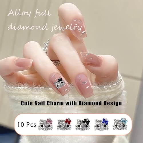 Kawaii Cat Nail Stickers & Cartoon Red Pink Cat Nail Charms Set - 6 Sheets Decals + 40Pcs 3D Charms for DIY Nail Art Avelisse