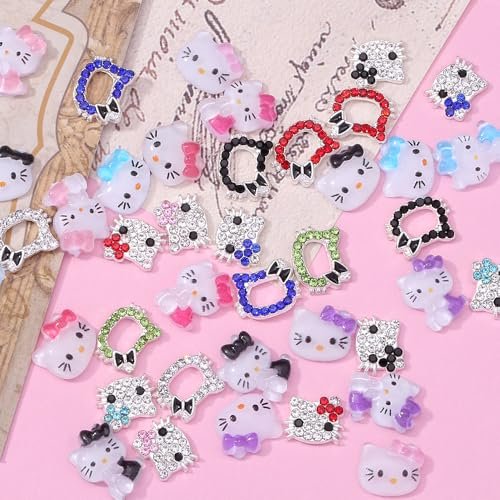 Kawaii Cat Nail Stickers & Cartoon Red Pink Cat Nail Charms Set - 6 Sheets Decals + 40Pcs 3D Charms for DIY Nail Art Avelisse