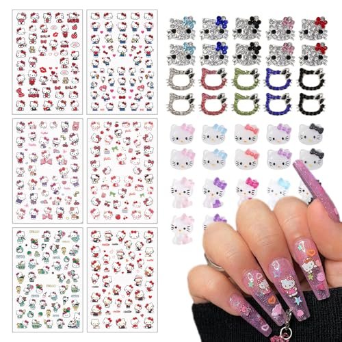 Kawaii Cat Nail Stickers & Cartoon Red Pink Cat Nail Charms Set - 6 Sheets Decals + 40Pcs 3D Charms for DIY Nail Art Avelisse