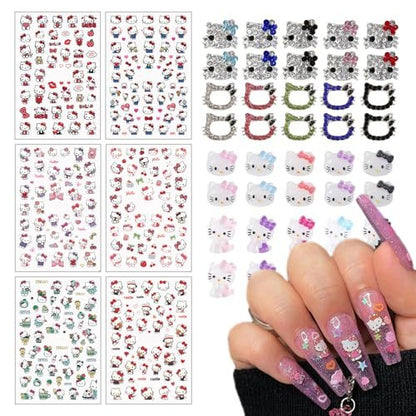 Kawaii Cat Nail Stickers & Cartoon Red Pink Cat Nail Charms Set - 6 Sheets Decals + 40Pcs 3D Charms for DIY Nail Art Avelisse
