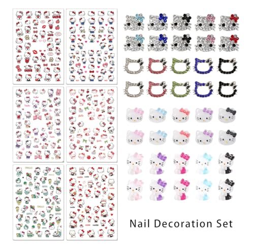 Kawaii Cat Nail Stickers & Cartoon Red Pink Cat Nail Charms Set - 6 Sheets Decals + 40Pcs 3D Charms for DIY Nail Art Avelisse