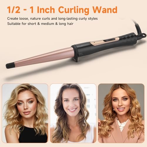 MCODON Tapered Curling Wand 1/2-Inch to 1-Inch Tourmaline Ceramic Barrel Professional Curling Iron for Short Medium Long Hair with Two Temperature Settings, Dual Voltage, Auto Shut-Off Avelisse
