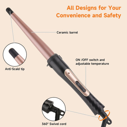 MCODON Tapered Curling Wand 1/2-Inch to 1-Inch Tourmaline Ceramic Barrel Professional Curling Iron for Short Medium Long Hair with Two Temperature Settings, Dual Voltage, Auto Shut-Off Avelisse