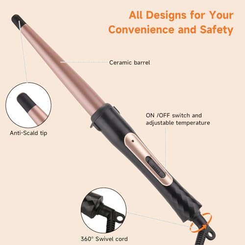 MCODON Tapered Curling Wand 1/2-Inch to 1-Inch Tourmaline Ceramic Barrel Professional Curling Iron for Short Medium Long Hair with Two Temperature Settings, Dual Voltage, Auto Shut-Off Avelisse
