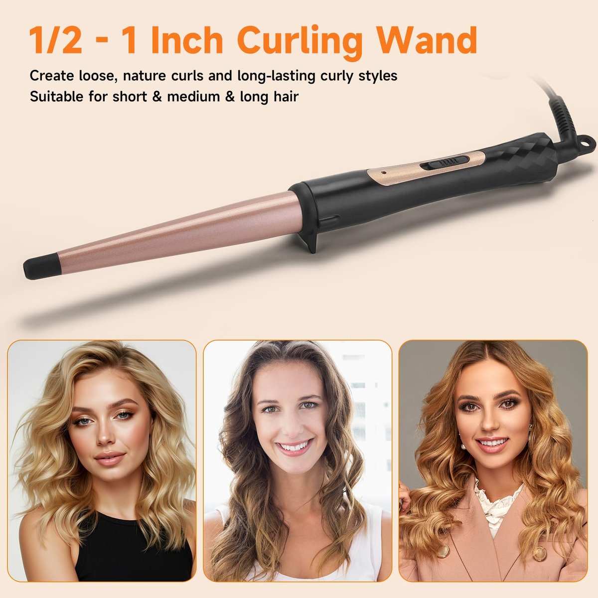 MCODON Tapered Curling Wand 1/2-Inch to 1-Inch Tourmaline Ceramic Barrel Professional Curling Iron for Short Medium Long Hair with Two Temperature Settings, Dual Voltage, Auto Shut-Off Avelisse