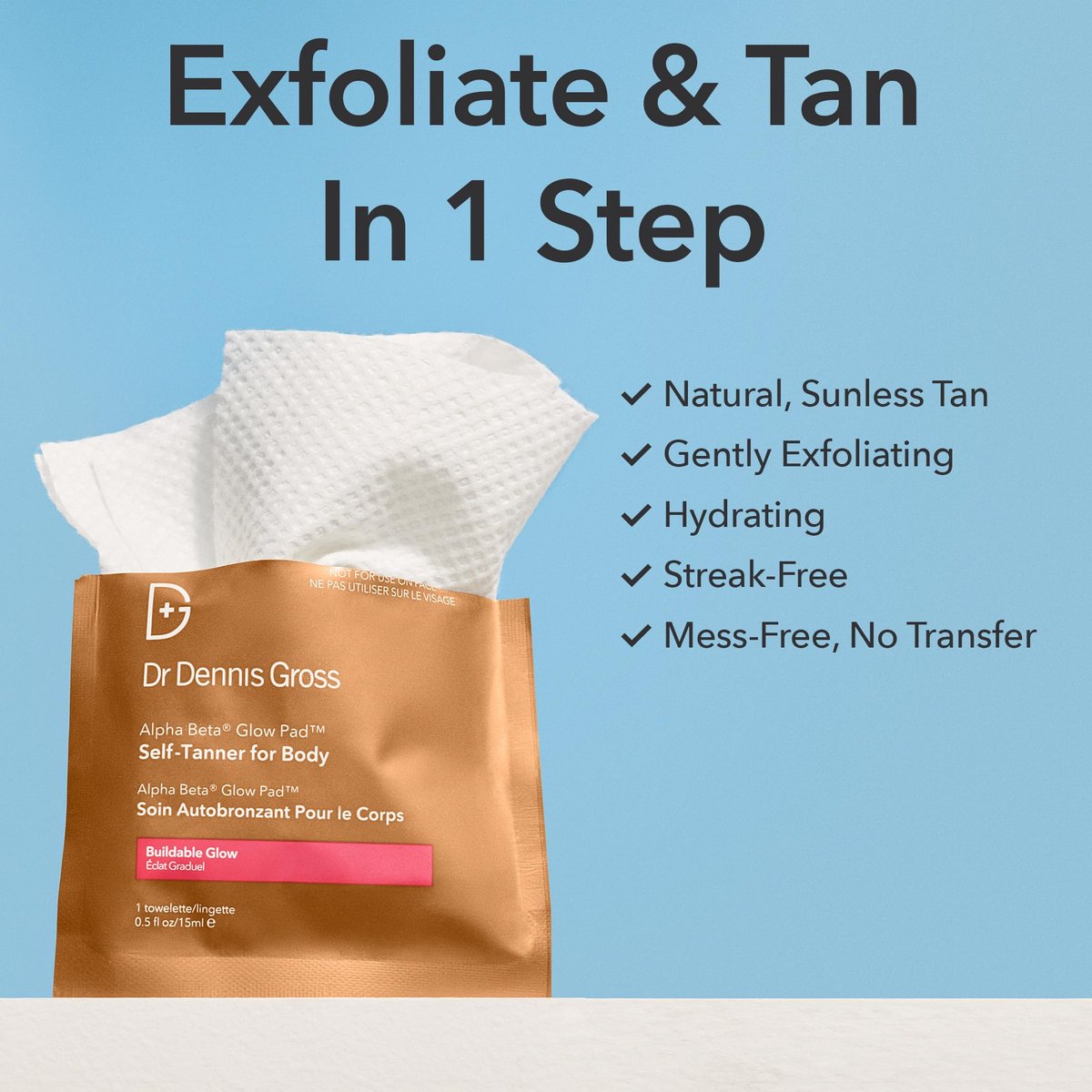 Dr. Dennis Gross Glow Pad Self-Tanner for Body – Exfoliating & Anti-Aging Towelette with AHAs & BHAs, Buildable Natural Glow, Hydrating & Streak-Free Application, 8 Towelettes Avelisse