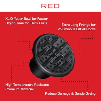 Red by Kiss Hair Dryer Diffuser – Heavy Duty Rubber Grip, Long Prongs for Volume & Root Drying, Compact Design Fits Most Dryers