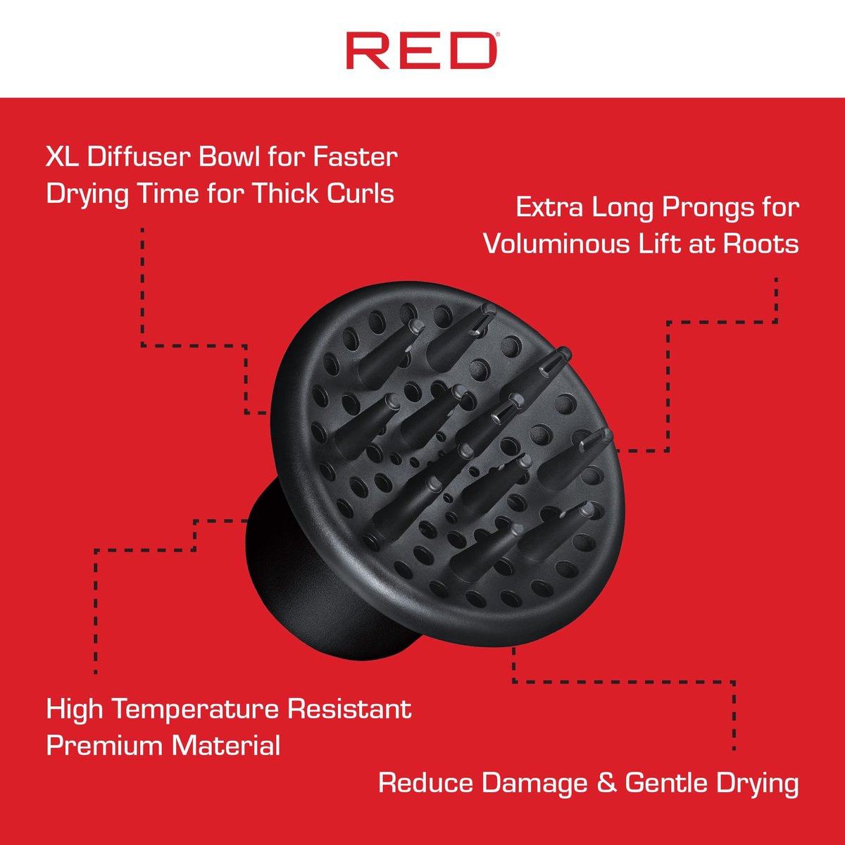 Red by Kiss Hair Dryer Diffuser – Heavy Duty Rubber Grip, Long Prongs for Volume & Root Drying, Compact Design Fits Most Dryers - görsel 3