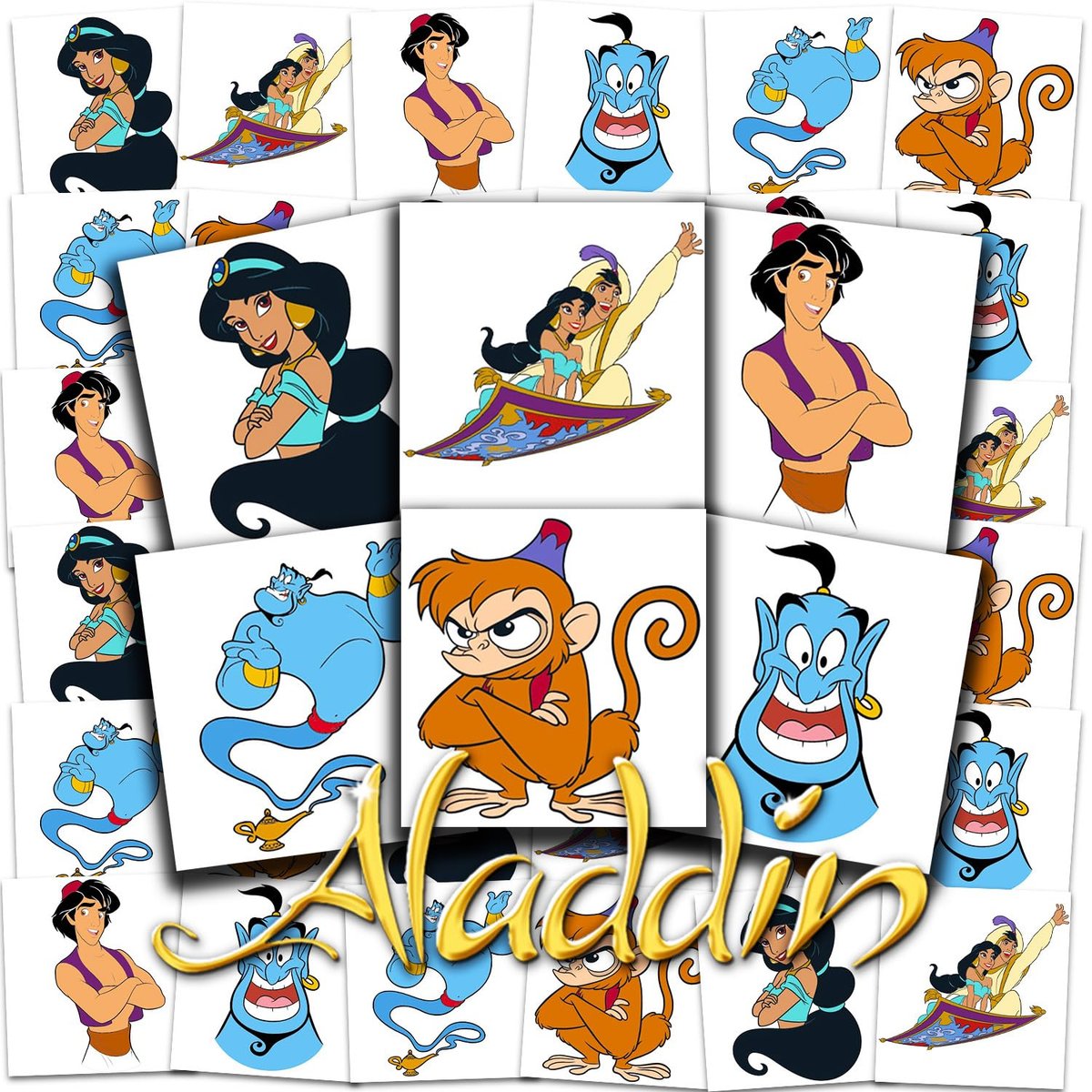 Aladdin Tattoos Party Favors Bundle - 72 Perforated Individual 2" x 2" Temporary Tattoos for Kids Boys Girls | Disney Princess Jasmine Party Supplies - görsel 1
