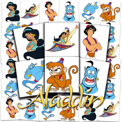 Aladdin Tattoos Party Favors Bundle - 72 Perforated Individual 2" x 2" Temporary Tattoos for Kids Boys Girls | Disney Princess Jasmine Party Supplies