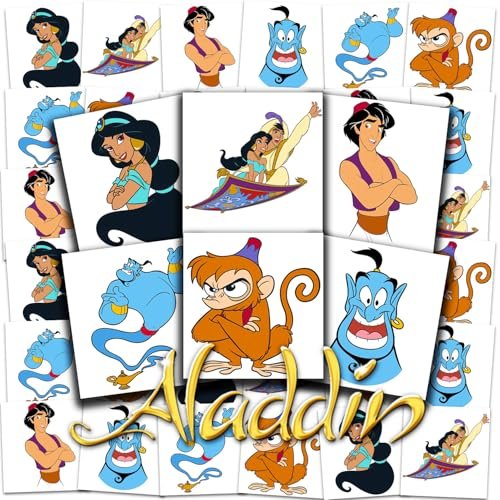 Aladdin Tattoos Party Favors Bundle - 72 Perforated Individual 2" x 2" Temporary Tattoos for Kids Boys Girls | Disney Princess Jasmine Party Supplies - görsel 2