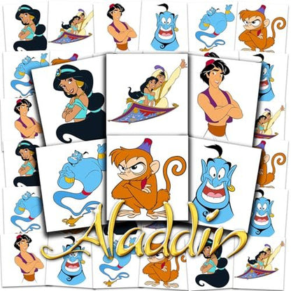 Aladdin Tattoos Party Favors Bundle - 72 Perforated Individual 2" x 2" Temporary Tattoos for Kids Boys Girls | Disney Princess Jasmine Party Supplies