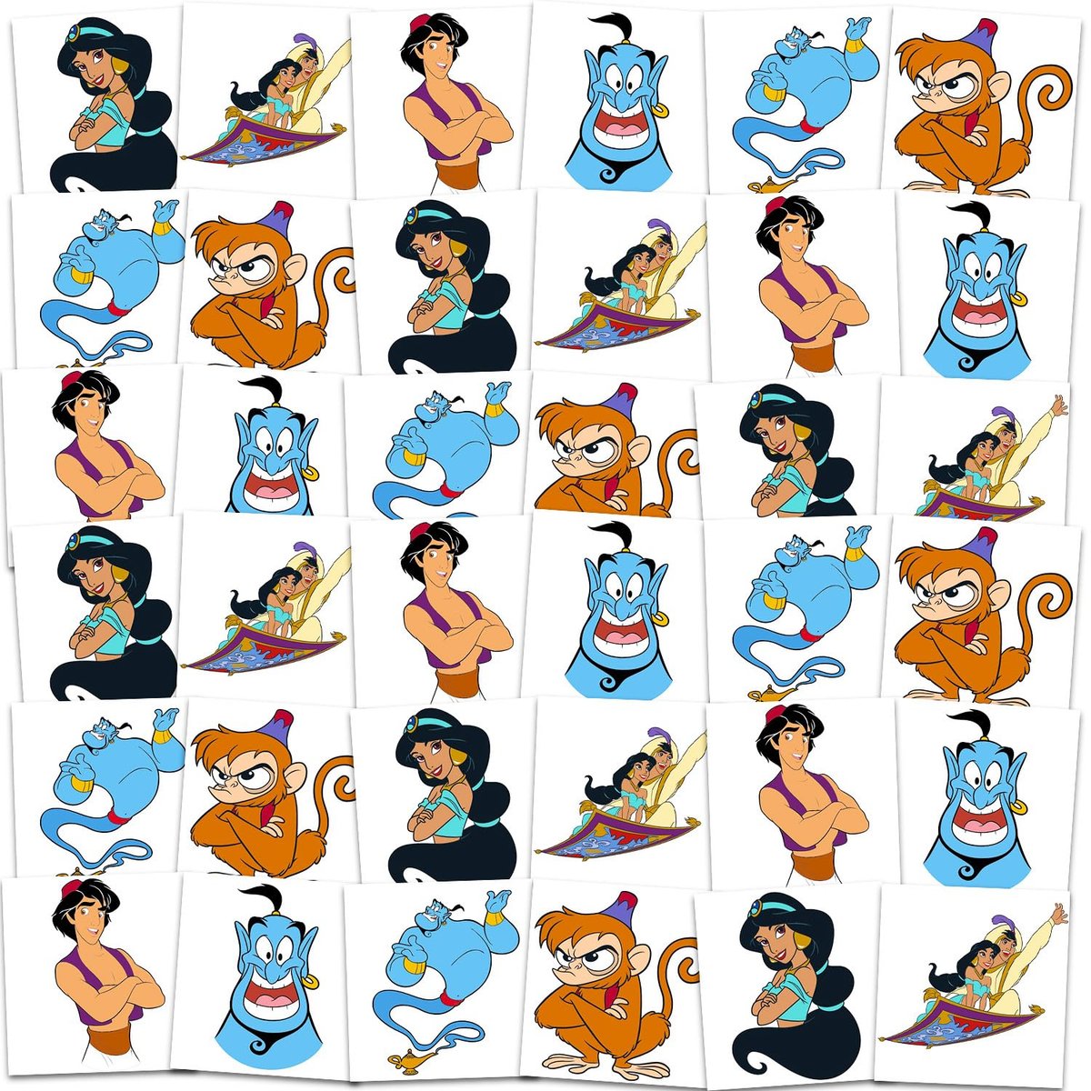 Aladdin Tattoos Party Favors Bundle - 72 Perforated Individual 2" x 2" Temporary Tattoos for Kids Boys Girls | Disney Princess Jasmine Party Supplies - görsel 3