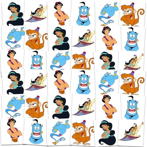 Aladdin Tattoos Party Favors Bundle - 72 Perforated Individual 2" x 2" Temporary Tattoos for Kids Boys Girls | Disney Princess Jasmine Party Supplies - görsel 4