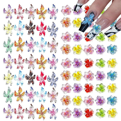 KACHIMOO 100Pcs Flower Nail Art Charms - 3D Resin Flowers for Nails, Colorful Hibiscus Hawaii Nail Rhinestones Gems for Women Nail Design