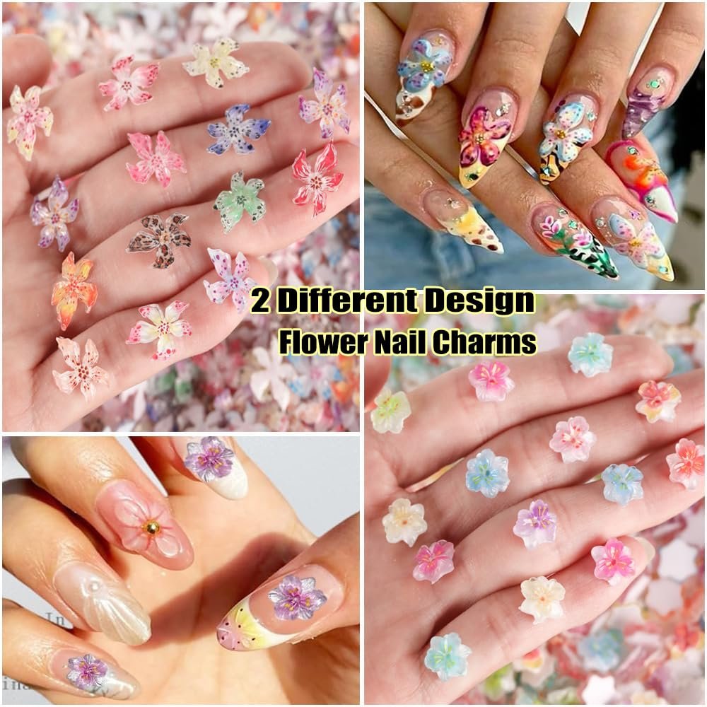 KACHIMOO 100Pcs Flower Nail Art Charms - 3D Resin Flowers for Nails, Colorful Hibiscus Hawaii Nail Rhinestones Gems for Women Nail Design - görsel 3
