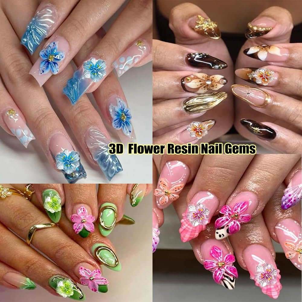 KACHIMOO 100Pcs Flower Nail Art Charms - 3D Resin Flowers for Nails, Colorful Hibiscus Hawaii Nail Rhinestones Gems for Women Nail Design - görsel 9