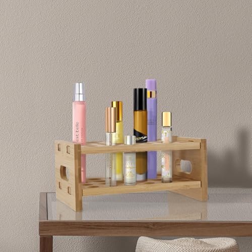 OSZKO Bamboo Perfume Holder – 24-Slot Ultra-Sturdy Roller Ball Organizer Stand for Perfume Oils, Lip Gloss, Lipstick, Essential Oil – Compatible with Scentbird Refill Vials Avelisse