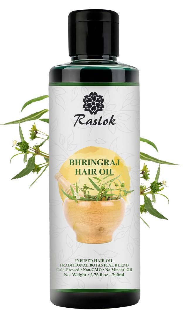 Raslok Bhringraj Hair Oil 6.76 fl oz – Ayurvedic Botanical Blend with Amla, Neem, Hibiscus & Brahmi | Cold-Pressed | Non-GMO | No Mineral Oil | Made in India - görsel 2