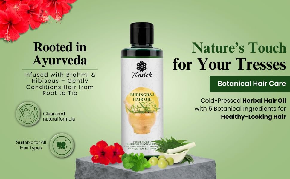 Raslok Bhringraj Hair Oil 6.76 fl oz – Ayurvedic Botanical Blend with Amla, Neem, Hibiscus & Brahmi | Cold-Pressed | Non-GMO | No Mineral Oil | Made in India - görsel 6