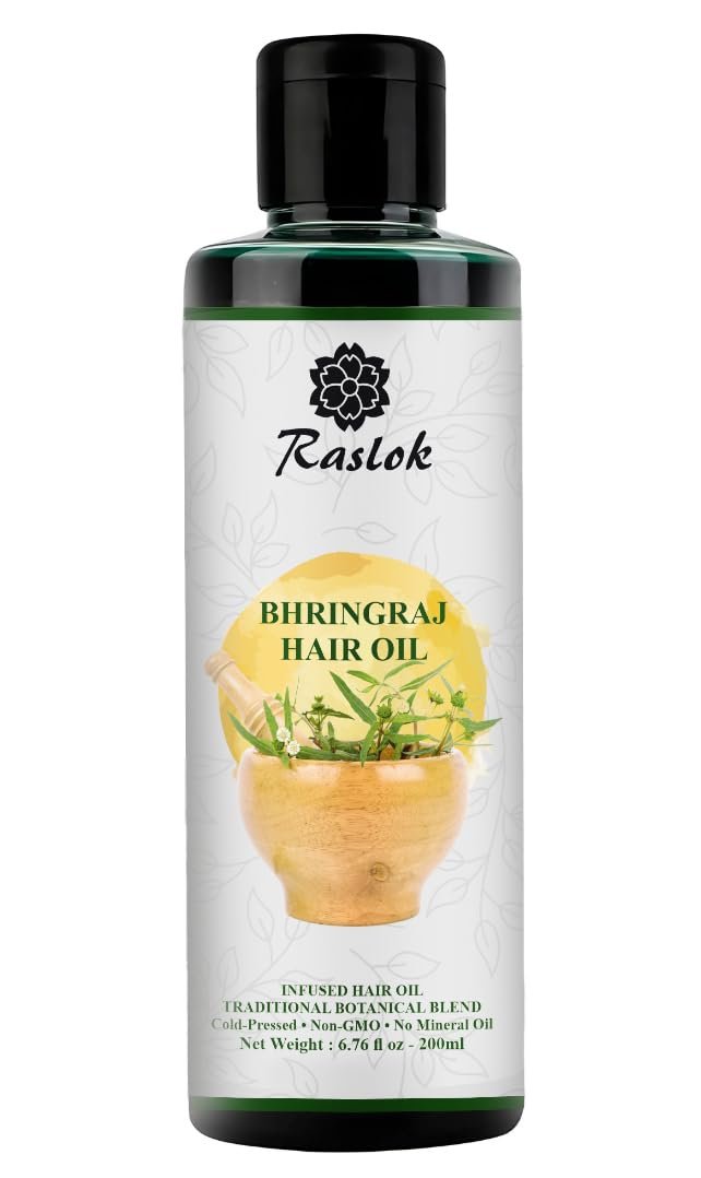 Raslok Bhringraj Hair Oil 6.76 fl oz – Ayurvedic Botanical Blend with Amla, Neem, Hibiscus & Brahmi | Cold-Pressed | Non-GMO | No Mineral Oil | Made in India - görsel 4